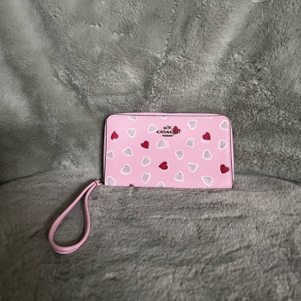 Coach Pink and Gray Heart Pattern Wristlet